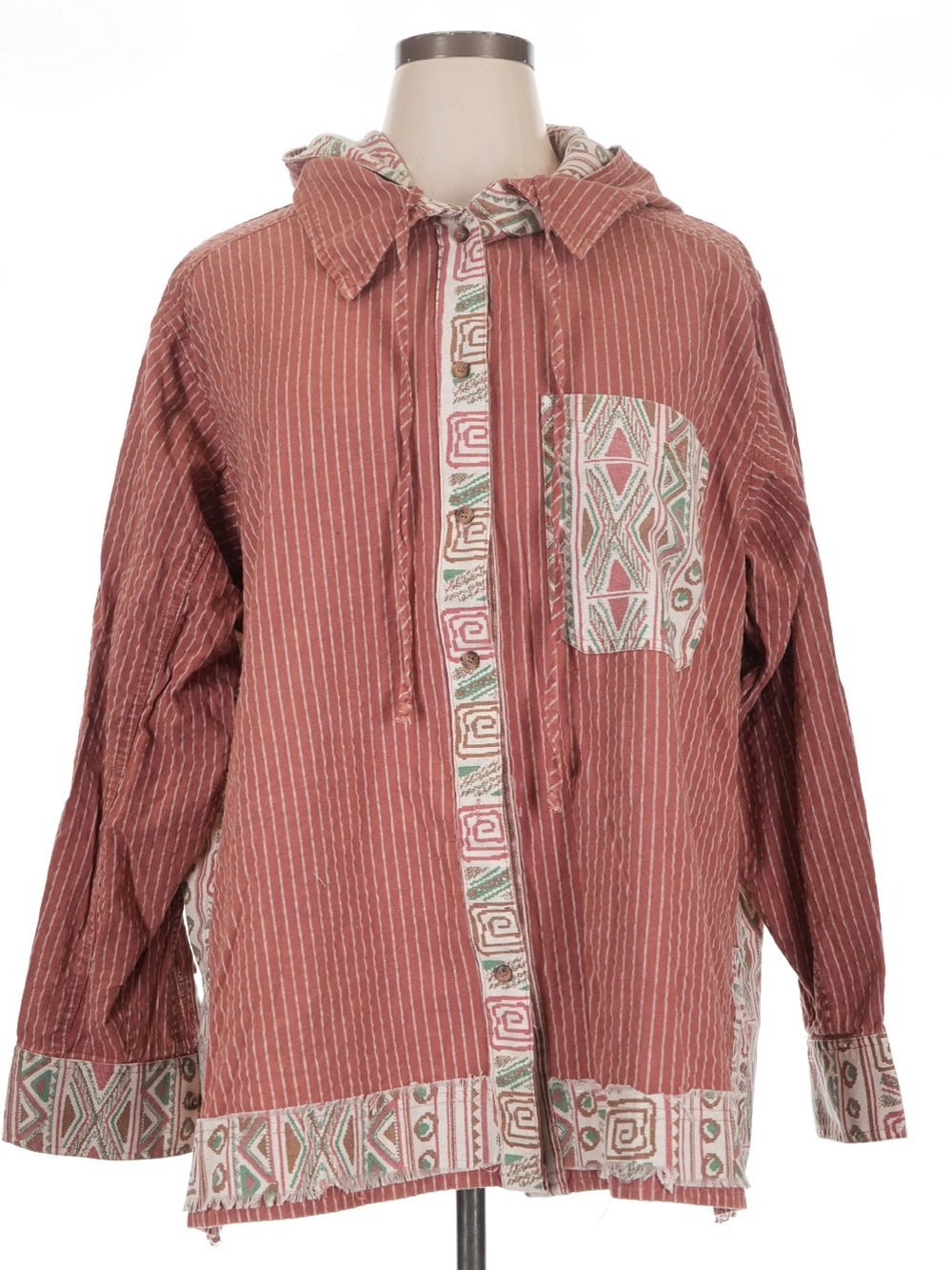 Blue Velvet Sweatshirt Knit Boho Patchwork Print Button Front Hooded Jacket• XL